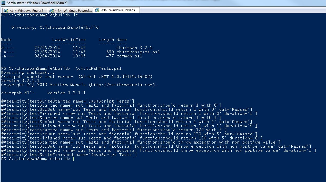 The execution of all javascript tests of the solution with Chutzpah runner using Powershell