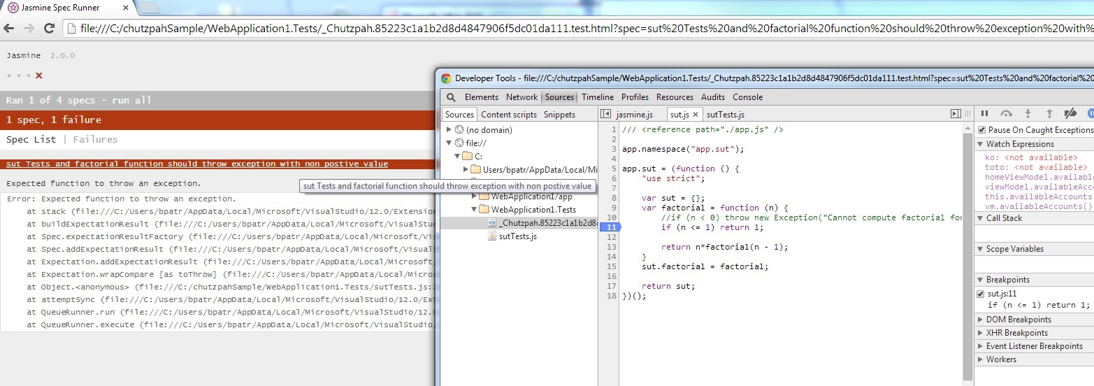 Then the debugging sessions happens in your browser (here Chrome). Clicking again the links reexecute the tests.