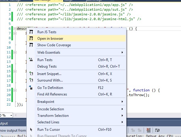 Chutzpah Visual Studio extension creates web page for running/debugging tests in the web browser.