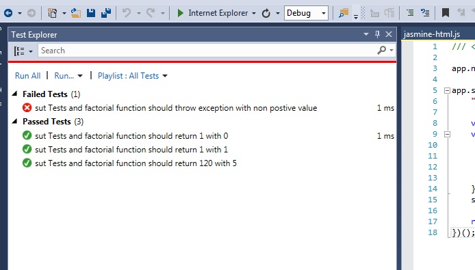 Run all our test with the Visual Studio test explorer. As expected we encounter a failure.