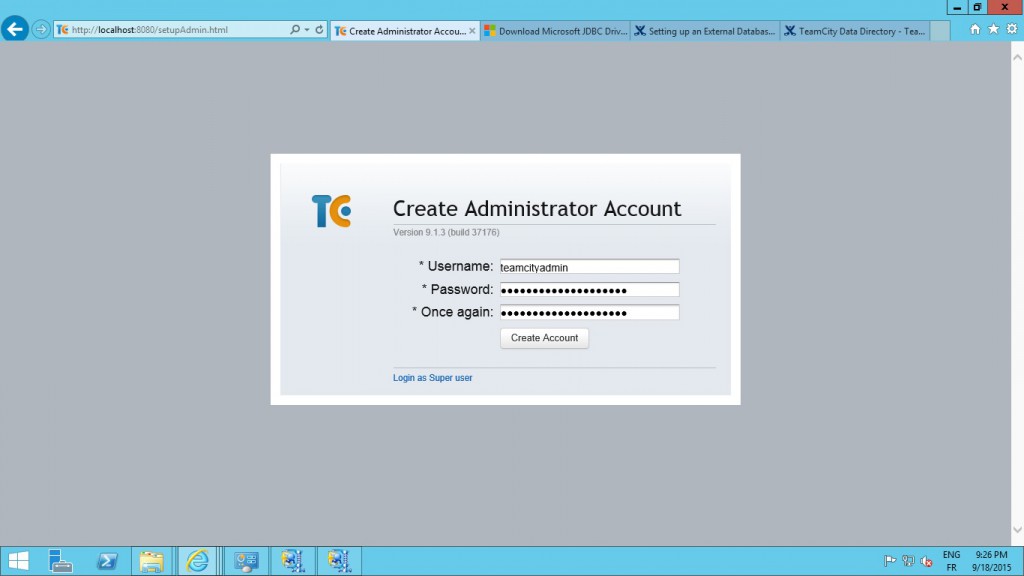 Final step! create an administrator for TeamCity web app