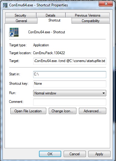 Target in properties of the desktop/taskbar shortcut