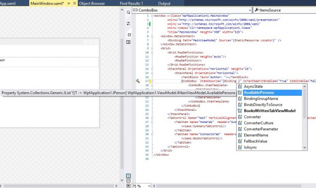 R# augmented Intellisense provides ViewModel members for DataBinding.