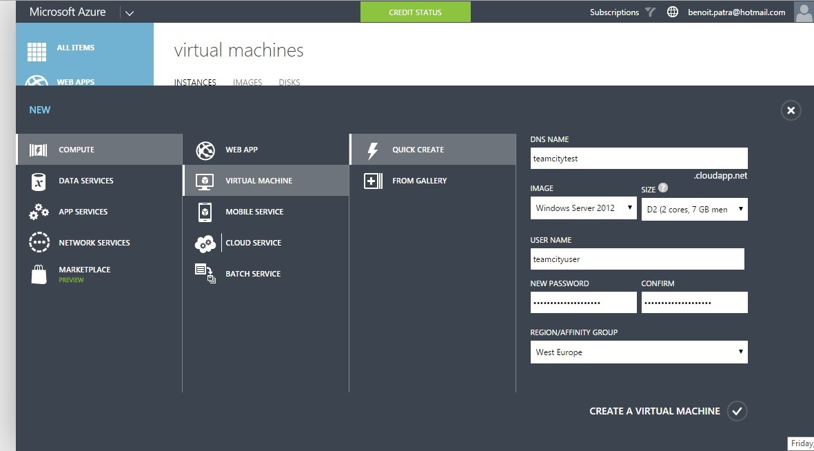 Quick create azure VM