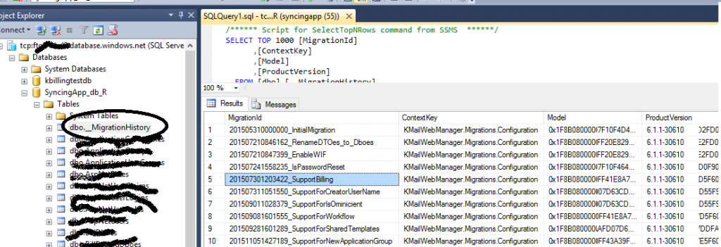 The _MigrationHistory table generated by Entity Framework