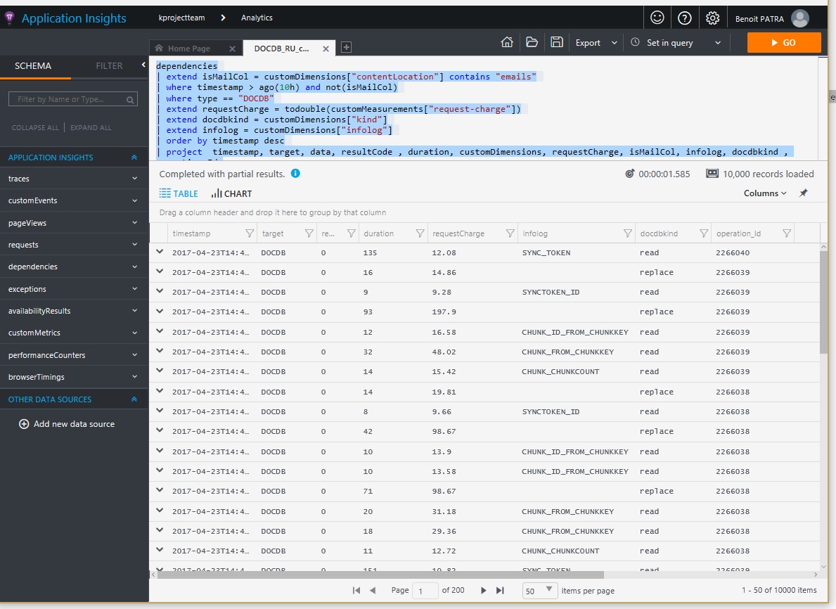 Getting all requests to DocumentDB in a a timeframe using application Insights Analytics