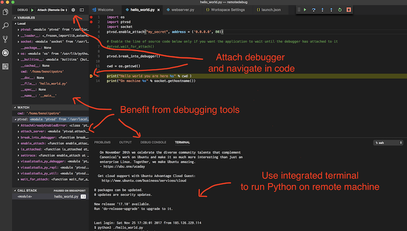 Use remote debugging capabilities of VSCode with Python