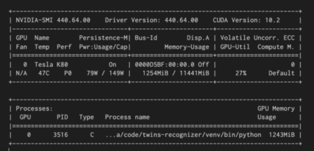 The nvidia-smi command shows load on the GPU from the Python process.