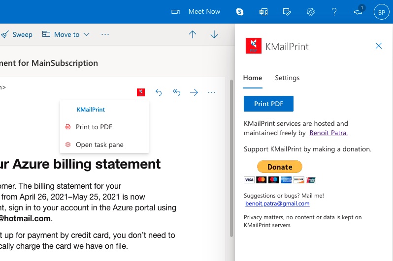 The KMailPrint Outlook addin loads in a task pane. It also can trigger command calls from a contextual menu directly in the reading pane of the email.