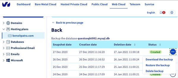 Using the OVH interface retrieving an SQL dump is very easy. Just look for the 'backup' button in the Database menu.